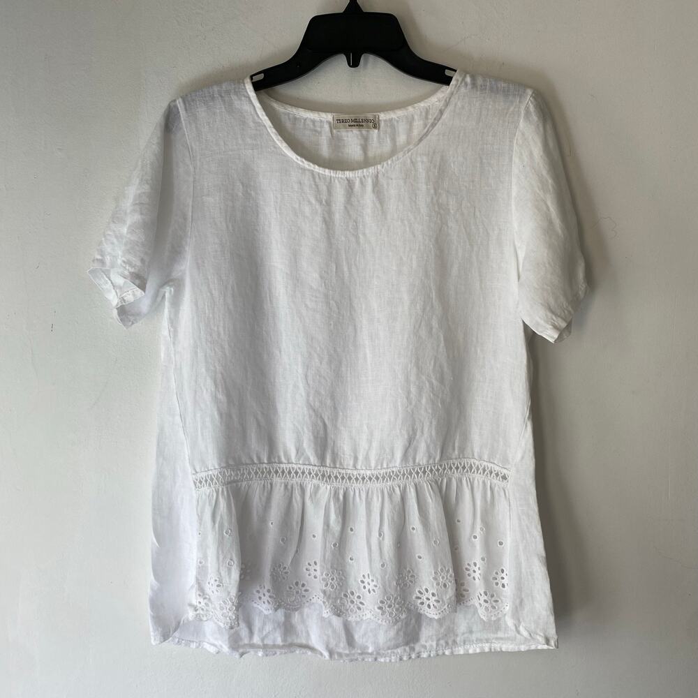 Terzo Millennio 100%‎ Linen White Floral Eyelet Blouse SZ S Italian Cottage